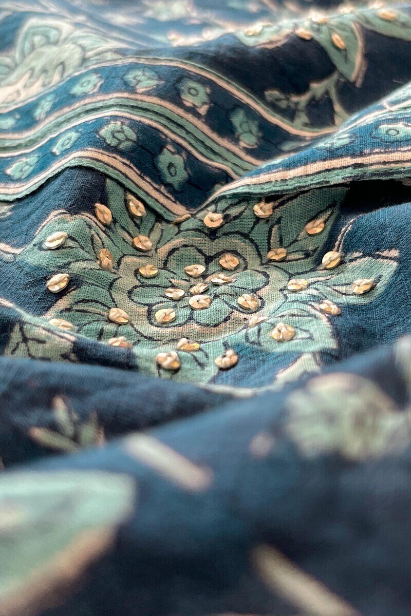 Blue Hand Block Printed A-Line Cotton Slub Kurta