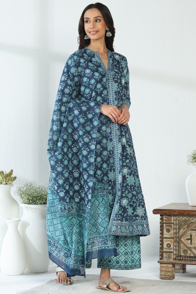 Blue Hand Block Printed A-Line Cotton Slub Kurta