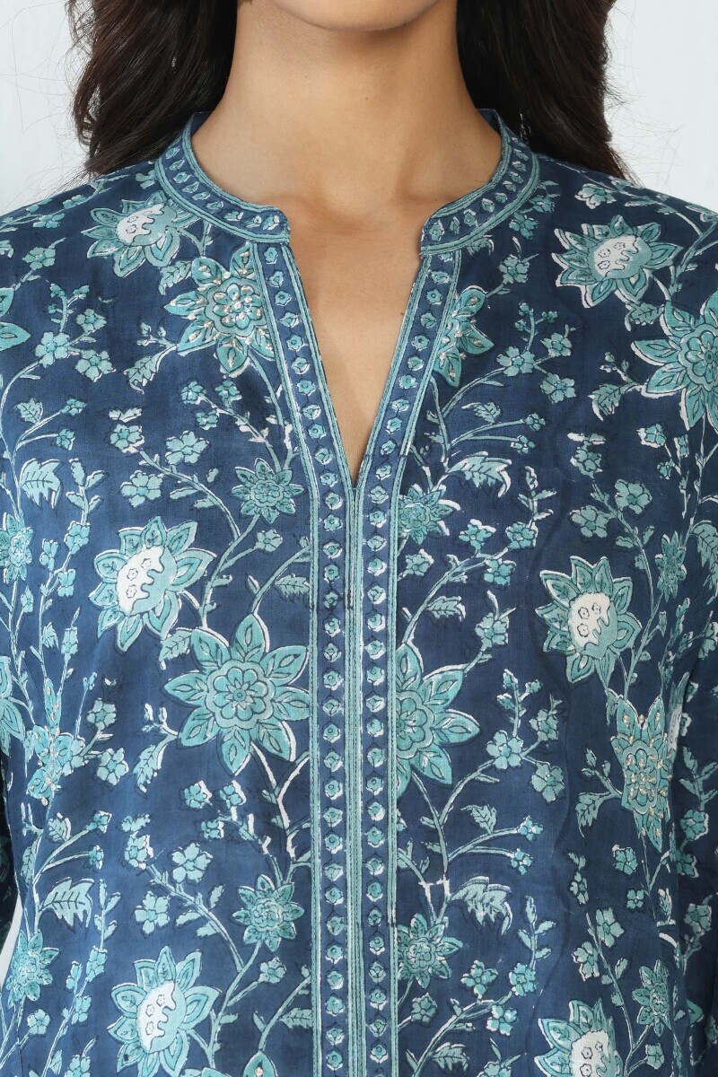 Blue Hand Block Printed A-Line Cotton Slub Kurta