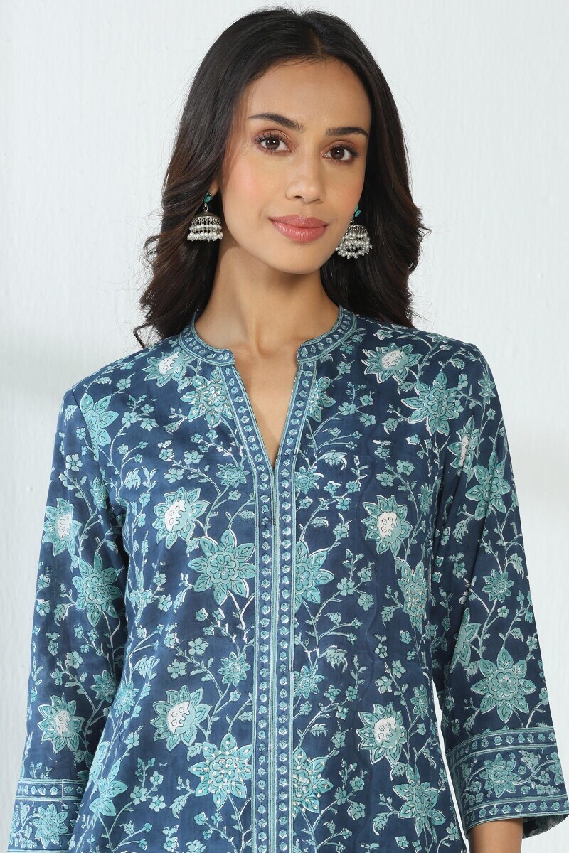 Blue Hand Block Printed A-Line Cotton Slub Kurta