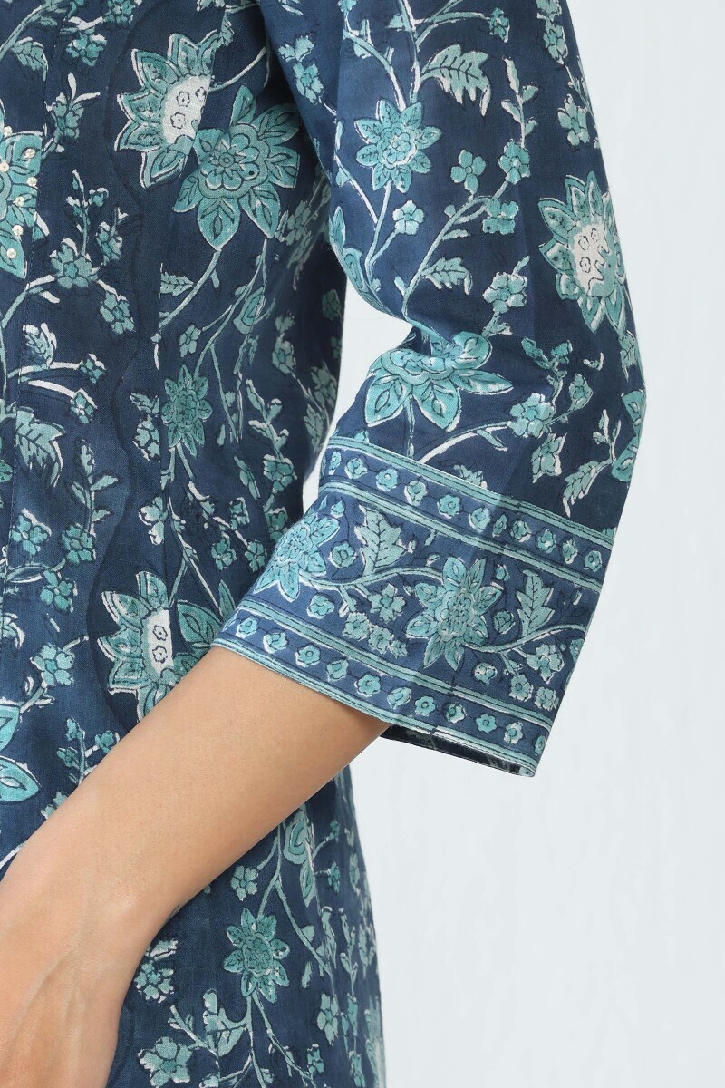 Blue Hand Block Printed A-Line Cotton Slub Kurta