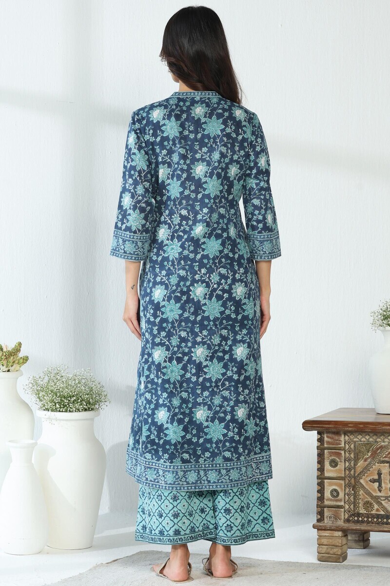 Blue Hand Block Printed A-Line Cotton Slub Kurta