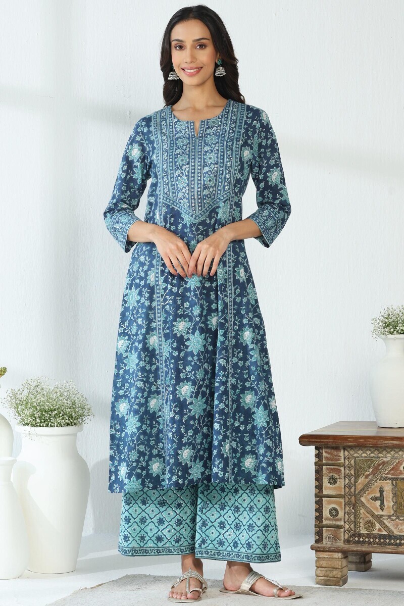 Blue Hand Block Printed A-Line Cotton Slub Kurta