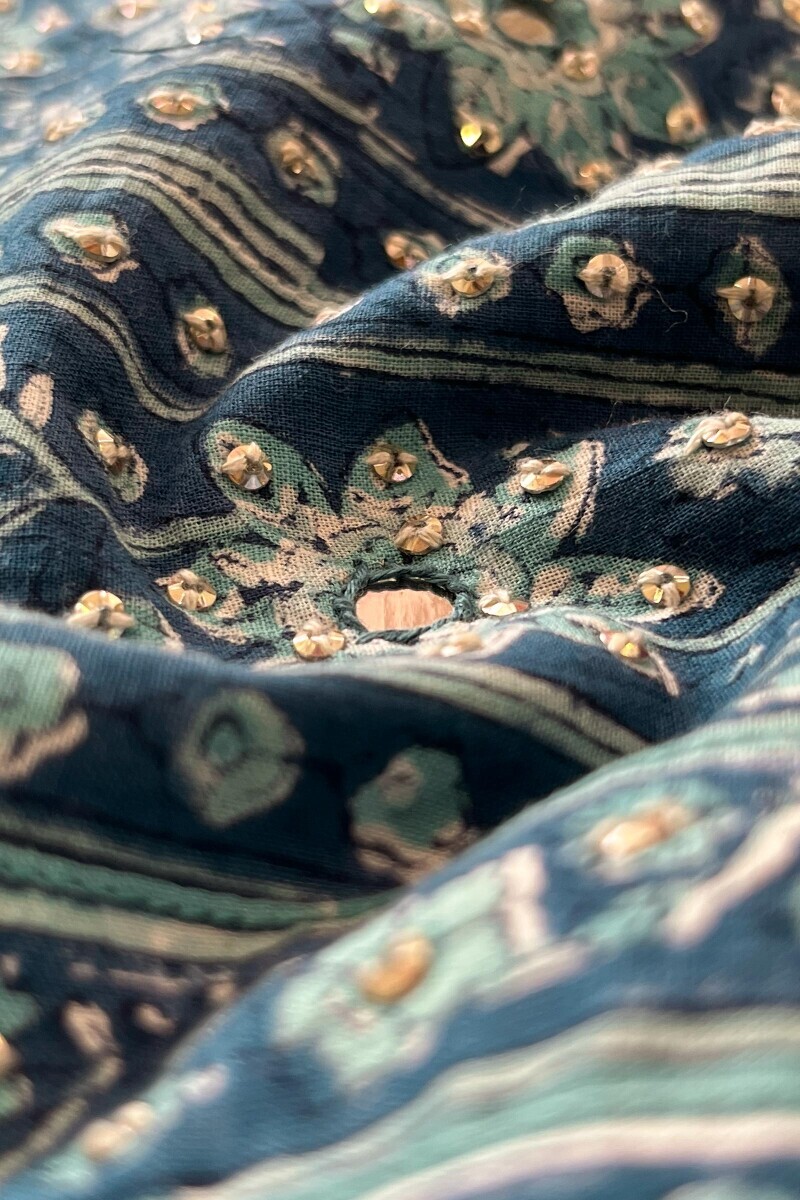 Blue Hand Block Printed A-Line Cotton Slub Kurta