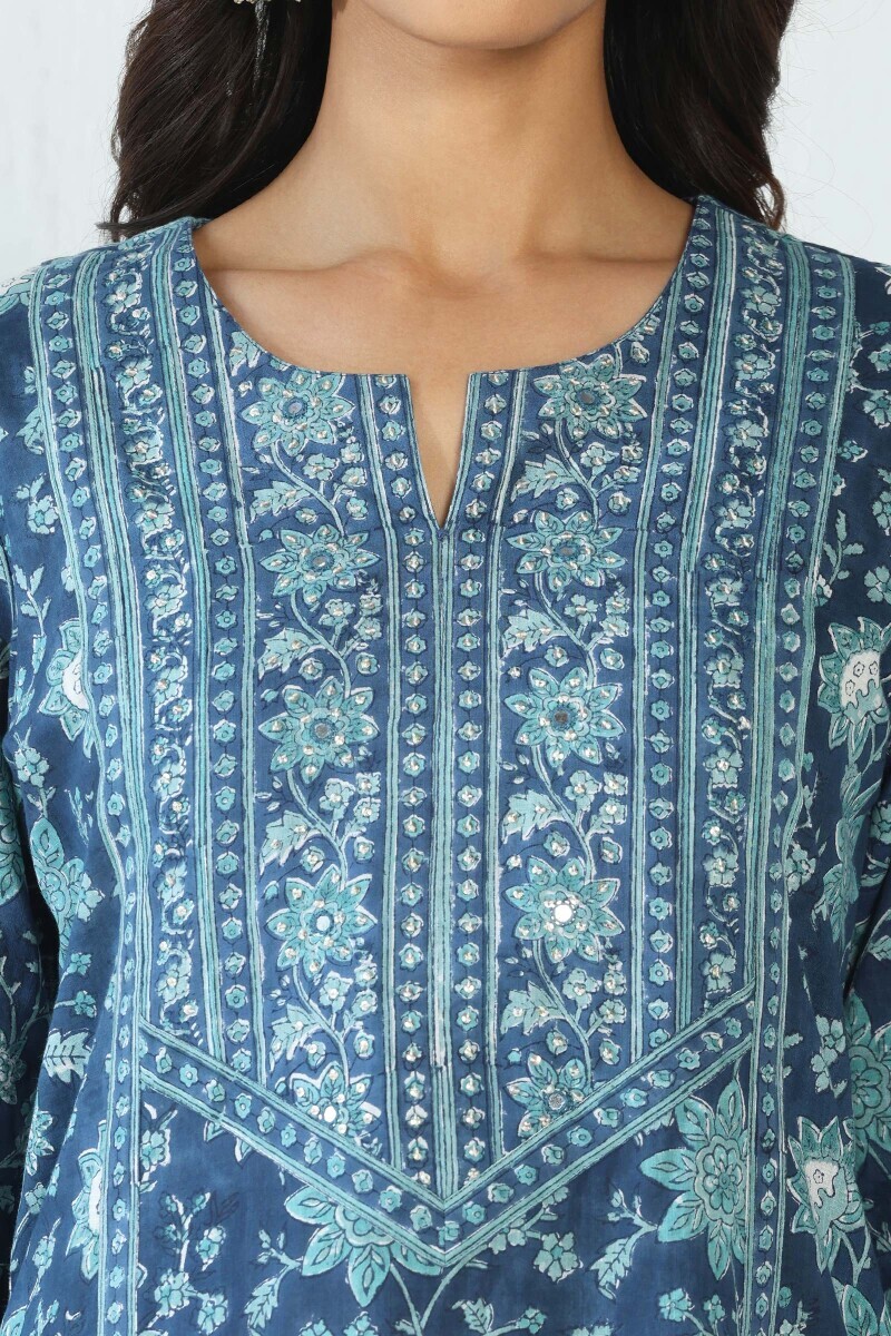 Blue Hand Block Printed A-Line Cotton Slub Kurta