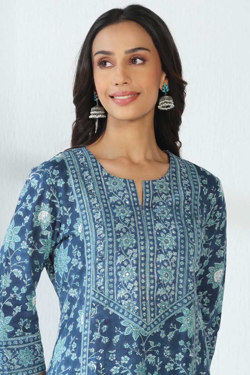 Blue Hand Block Printed A-Line Cotton Slub Kurta