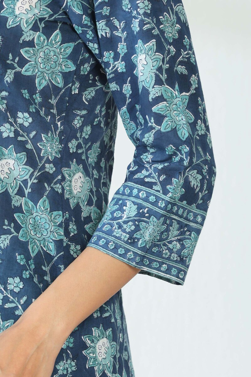 Blue Hand Block Printed A-Line Cotton Slub Kurta