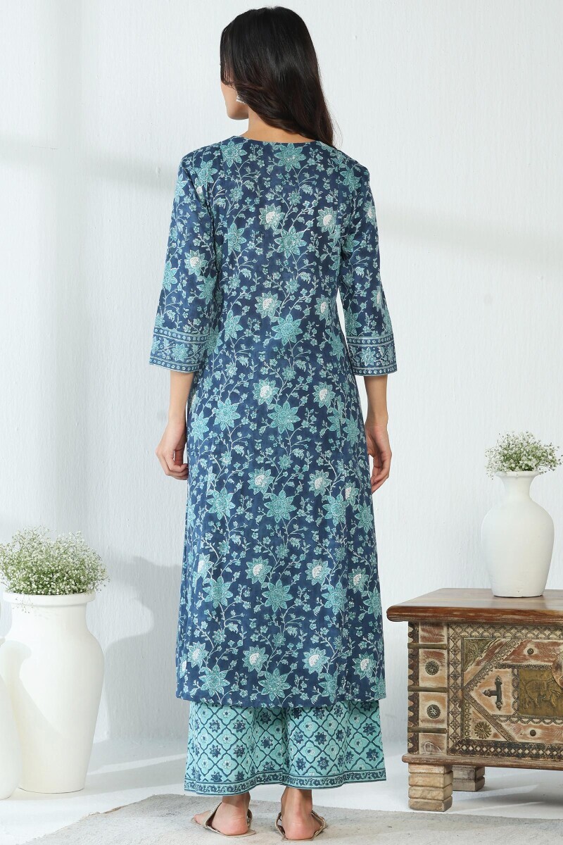 Blue Hand Block Printed A-Line Cotton Slub Kurta
