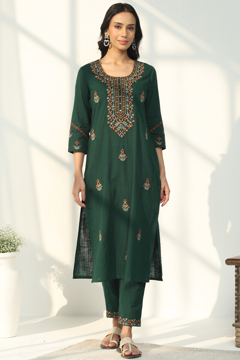 Green Handcrafted Straight Gauze Slub Kurta
