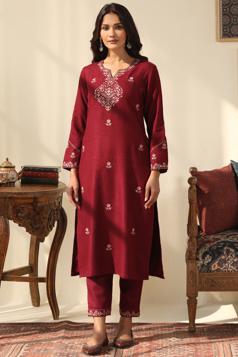 Maroon Handcrafted Straight Faux Wool Kurta