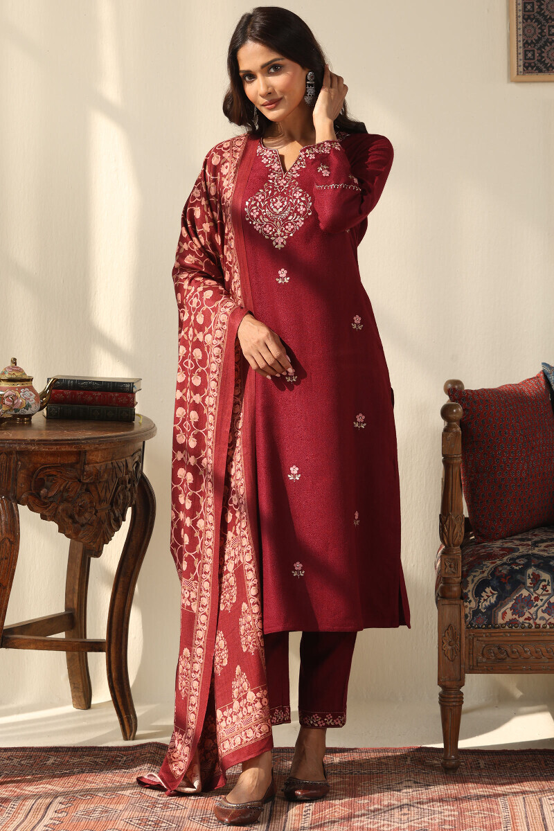Maroon Handcrafted Straight Faux Wool Kurta