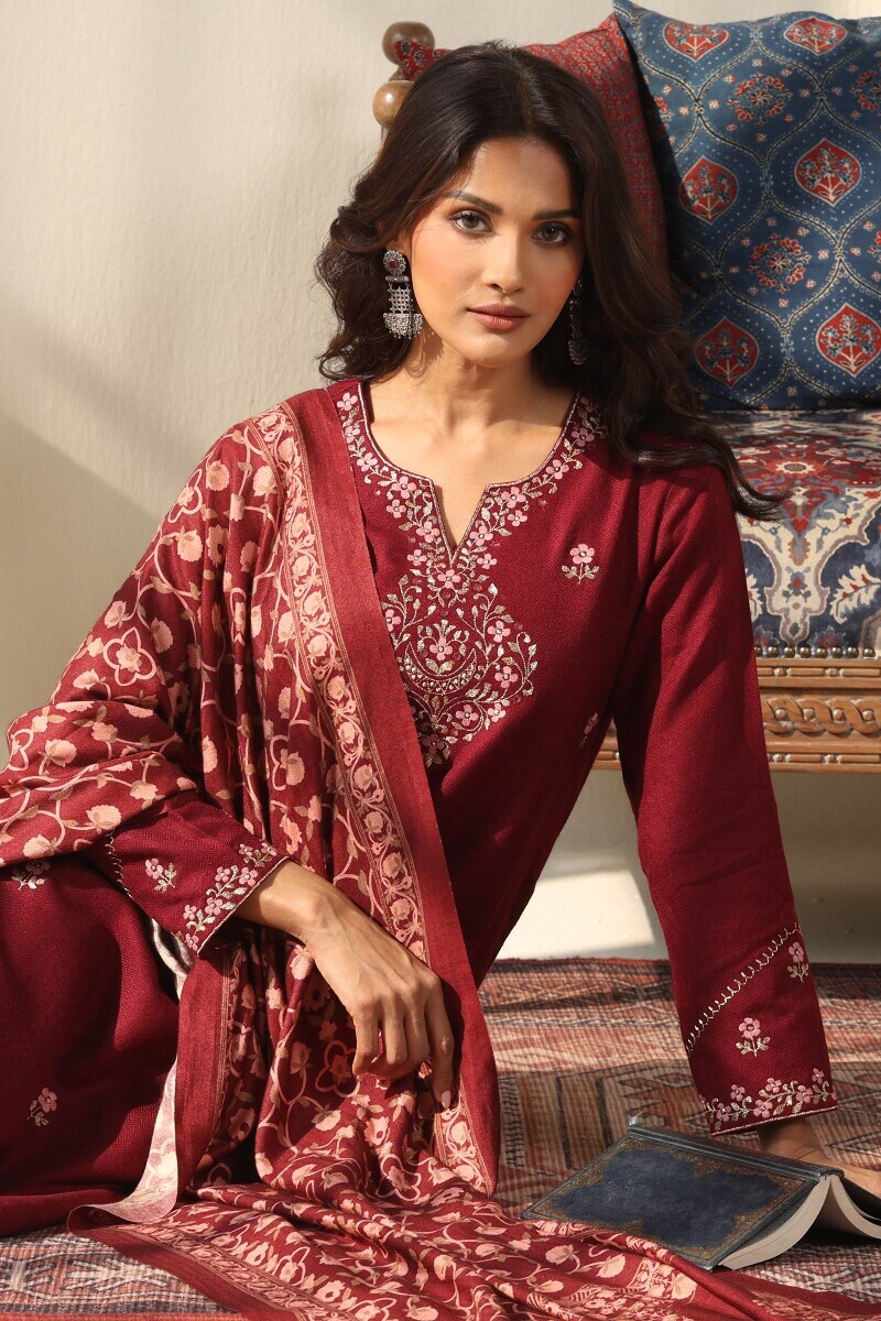 Maroon Handcrafted Straight Faux Wool Kurta