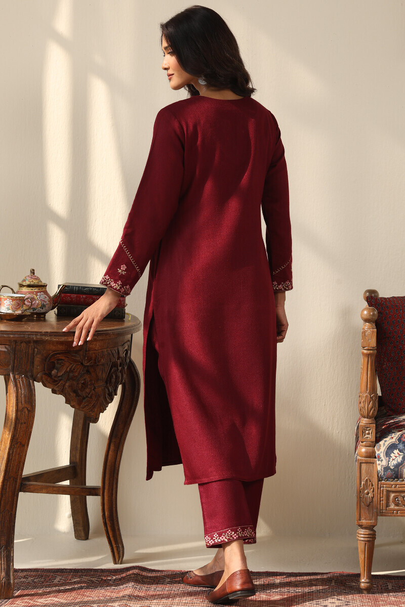 Maroon Handcrafted Straight Faux Wool Kurta
