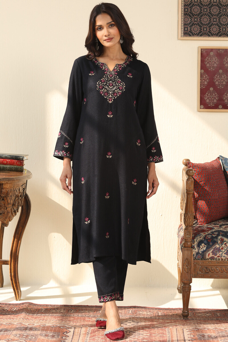 Black Handcrafted Straight Faux Wool Kurta