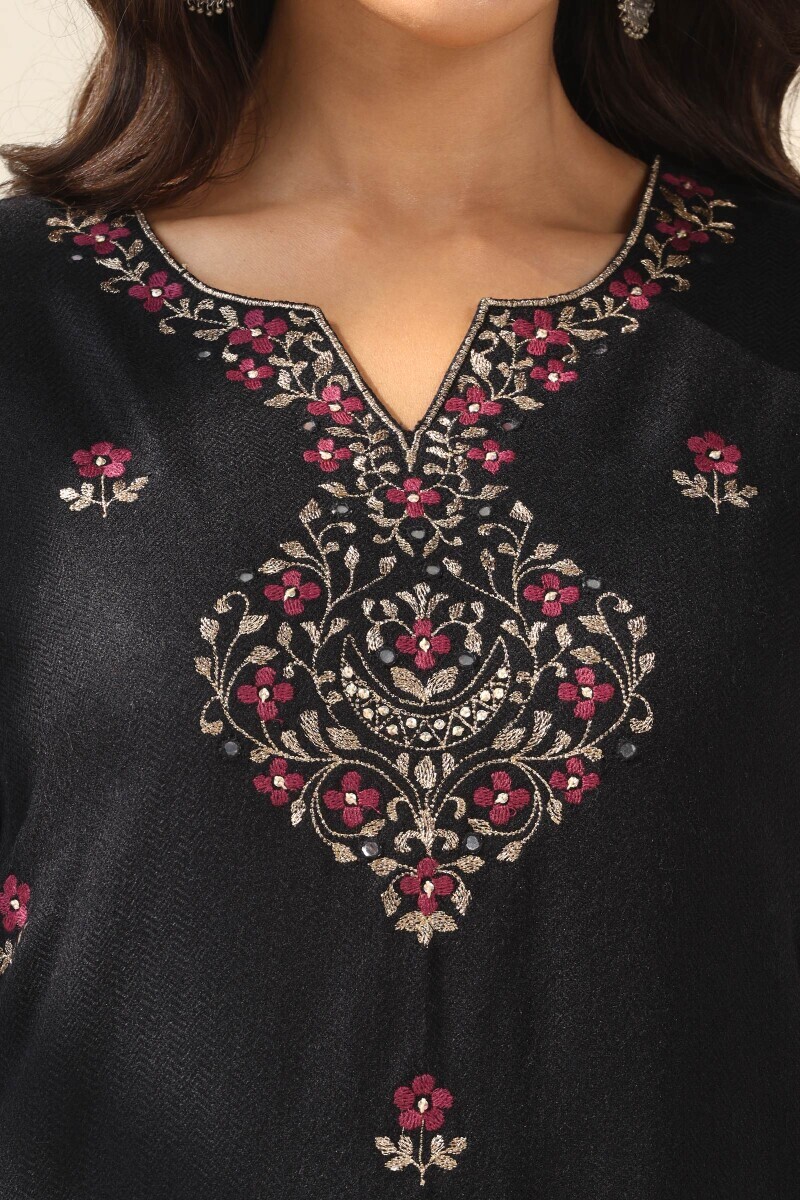Black Handcrafted Straight Faux Wool Kurta