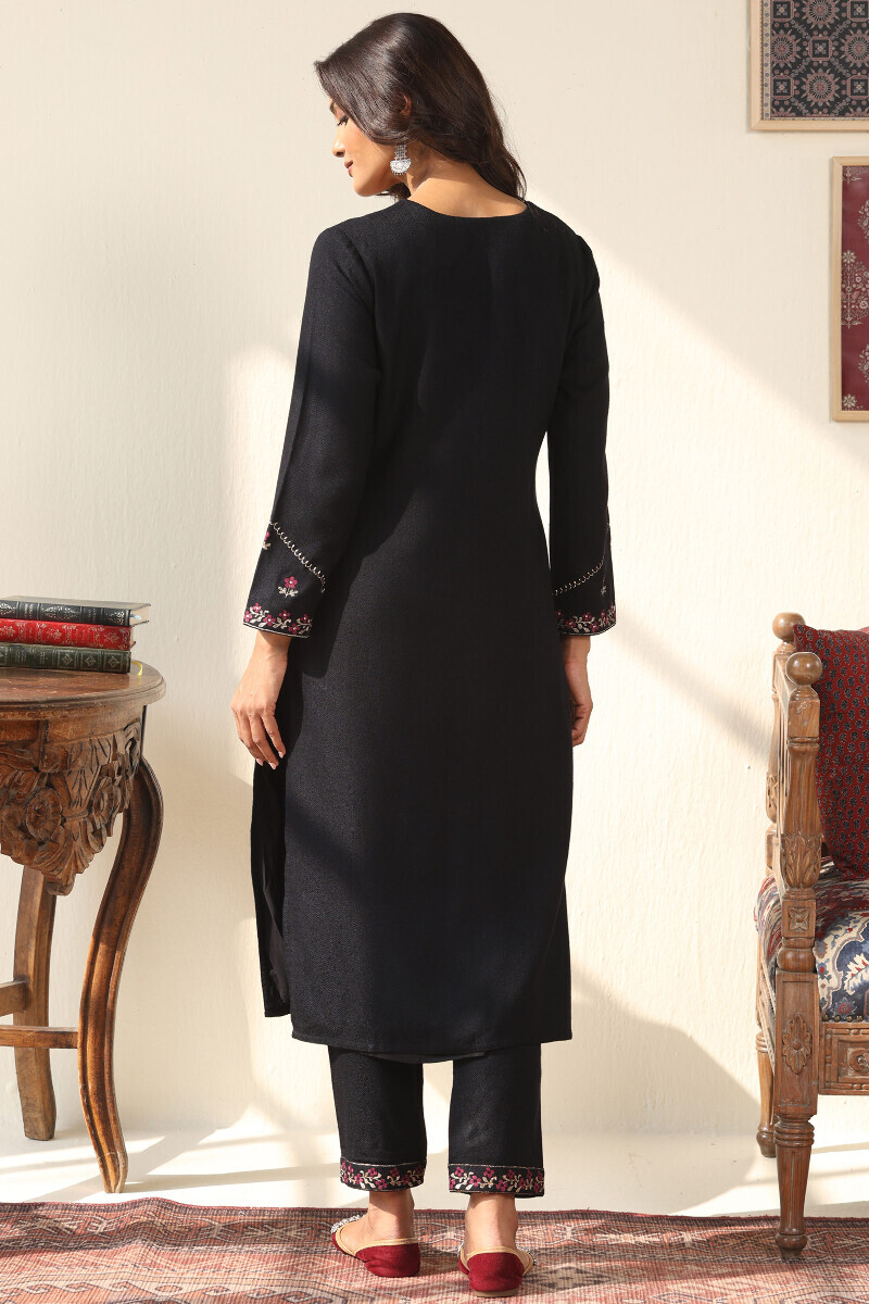 Black Handcrafted Straight Faux Wool Kurta