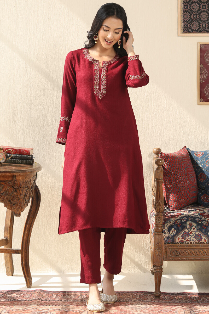 Maroon Handcrafted Straight Faux Wool Kurta