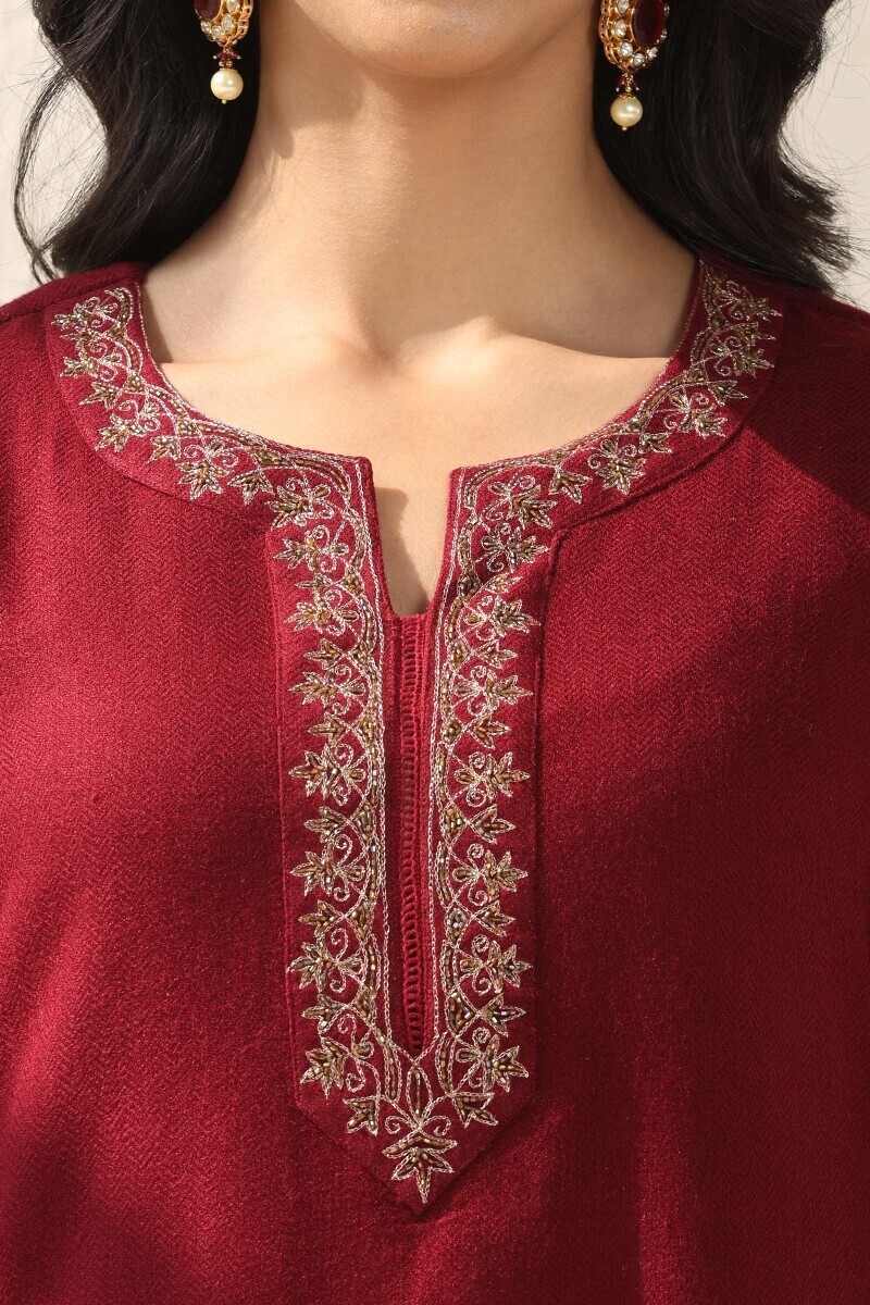 Maroon Handcrafted Straight Faux Wool Kurta