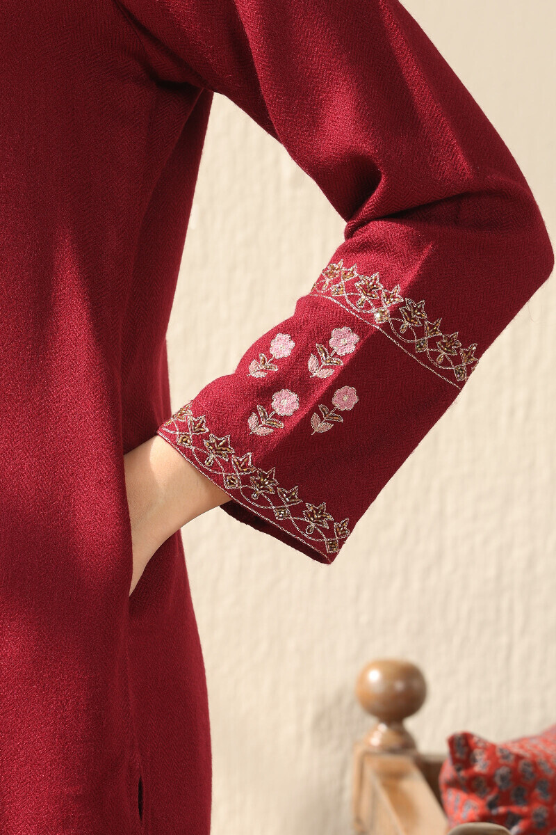 Maroon Handcrafted Straight Faux Wool Kurta