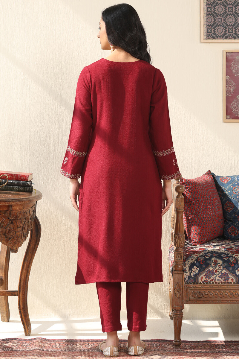 Maroon Handcrafted Straight Faux Wool Kurta