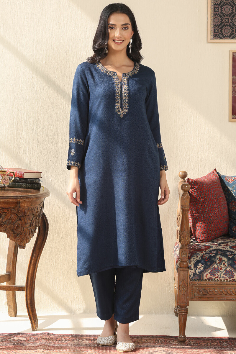Indigo Handcrafted Straight Faux Wool Kurta