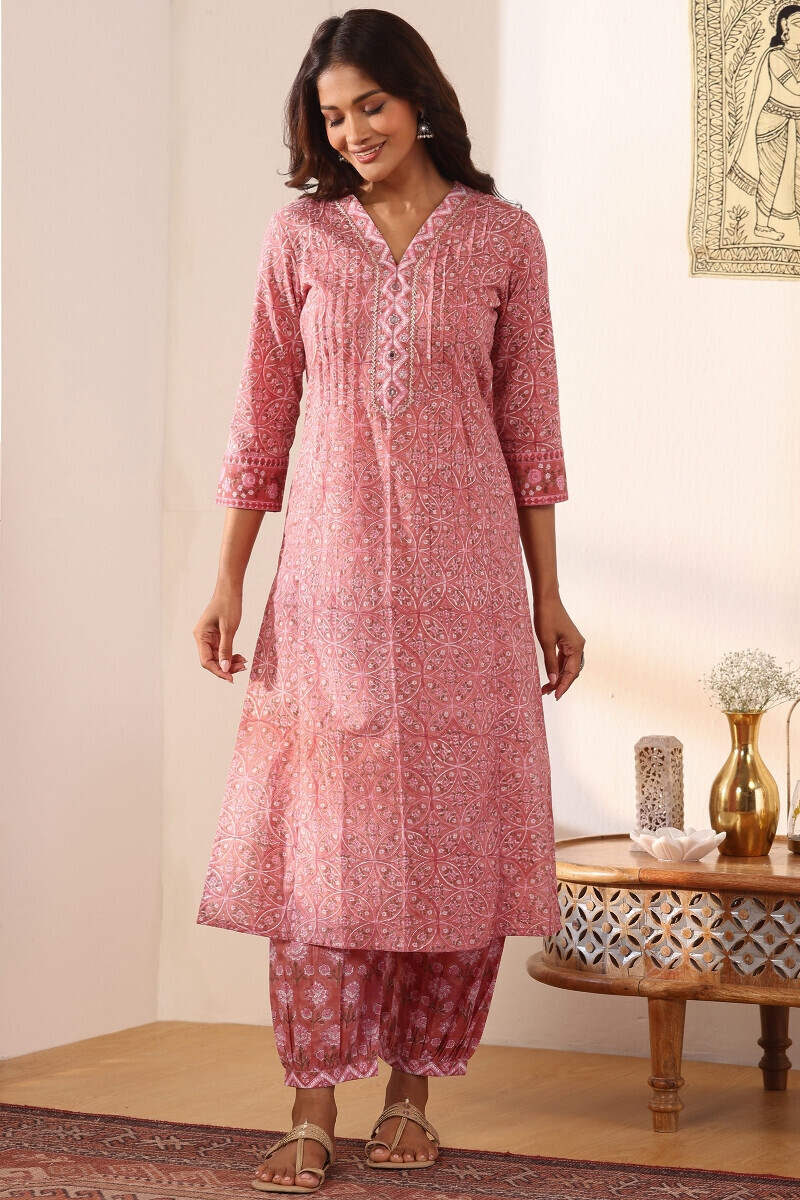 Pink Hand Block Printed Straight Cotton Kurta