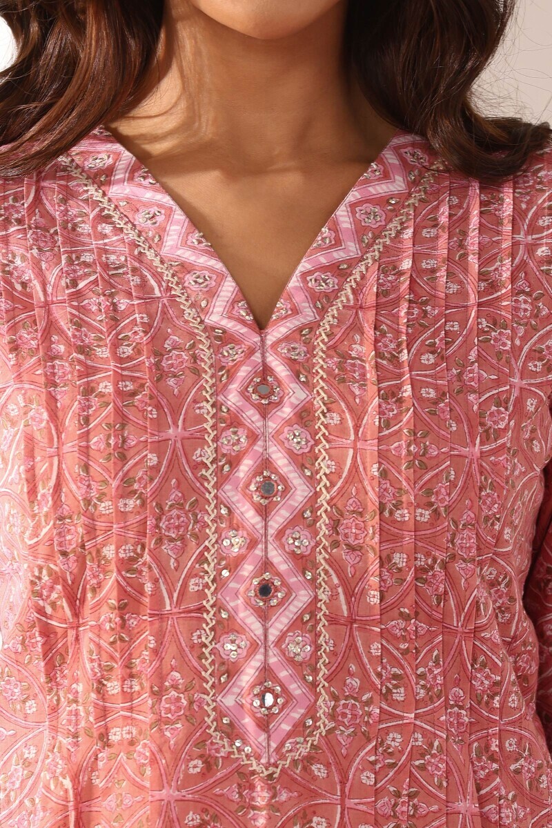 Pink Hand Block Printed Straight Cotton Kurta