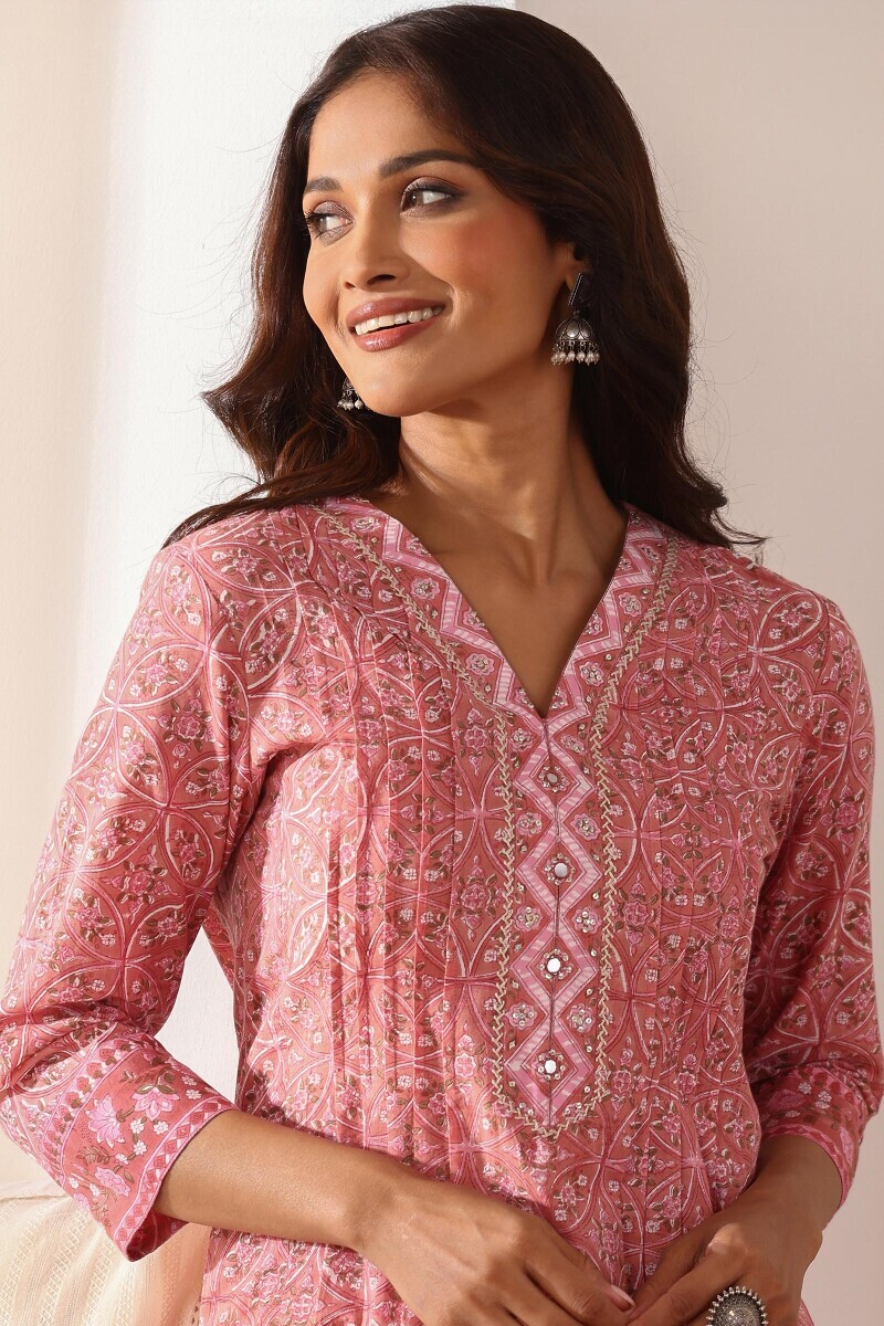 Pink Hand Block Printed Straight Cotton Kurta