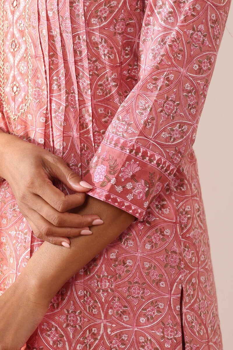 Pink Hand Block Printed Straight Cotton Kurta