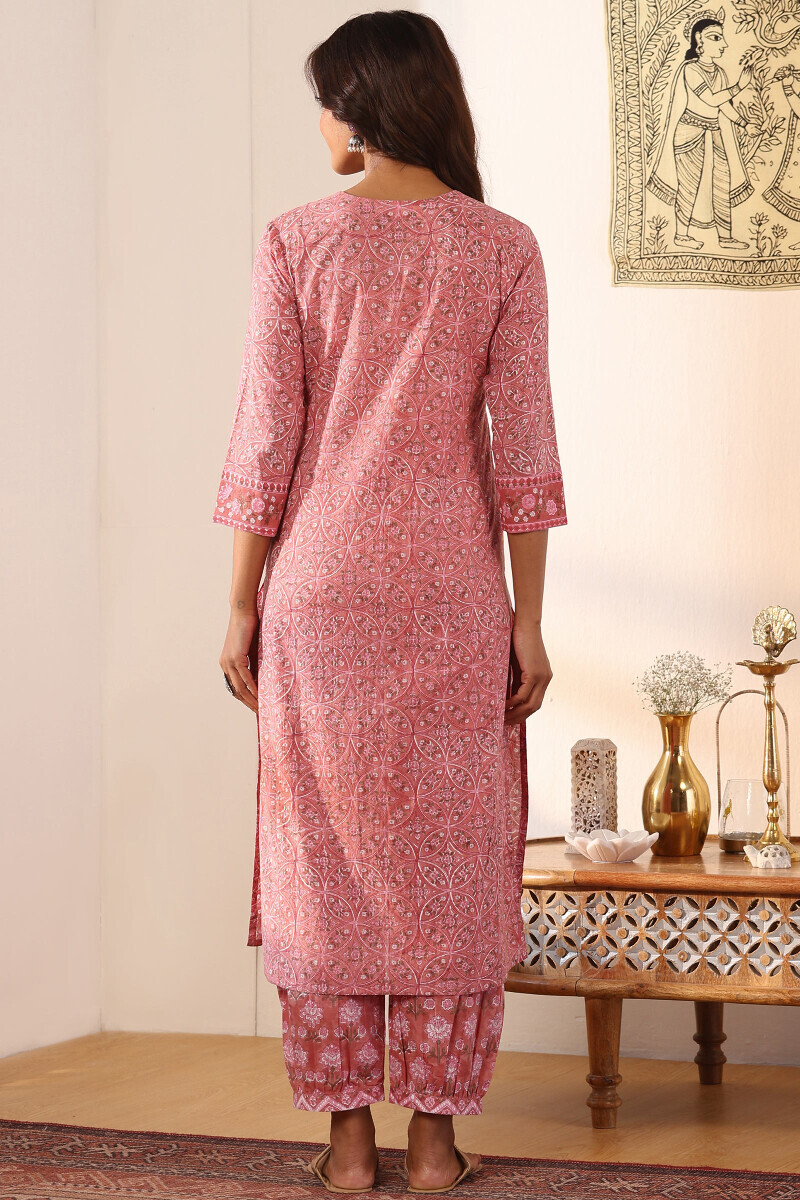 Pink Hand Block Printed Straight Cotton Kurta