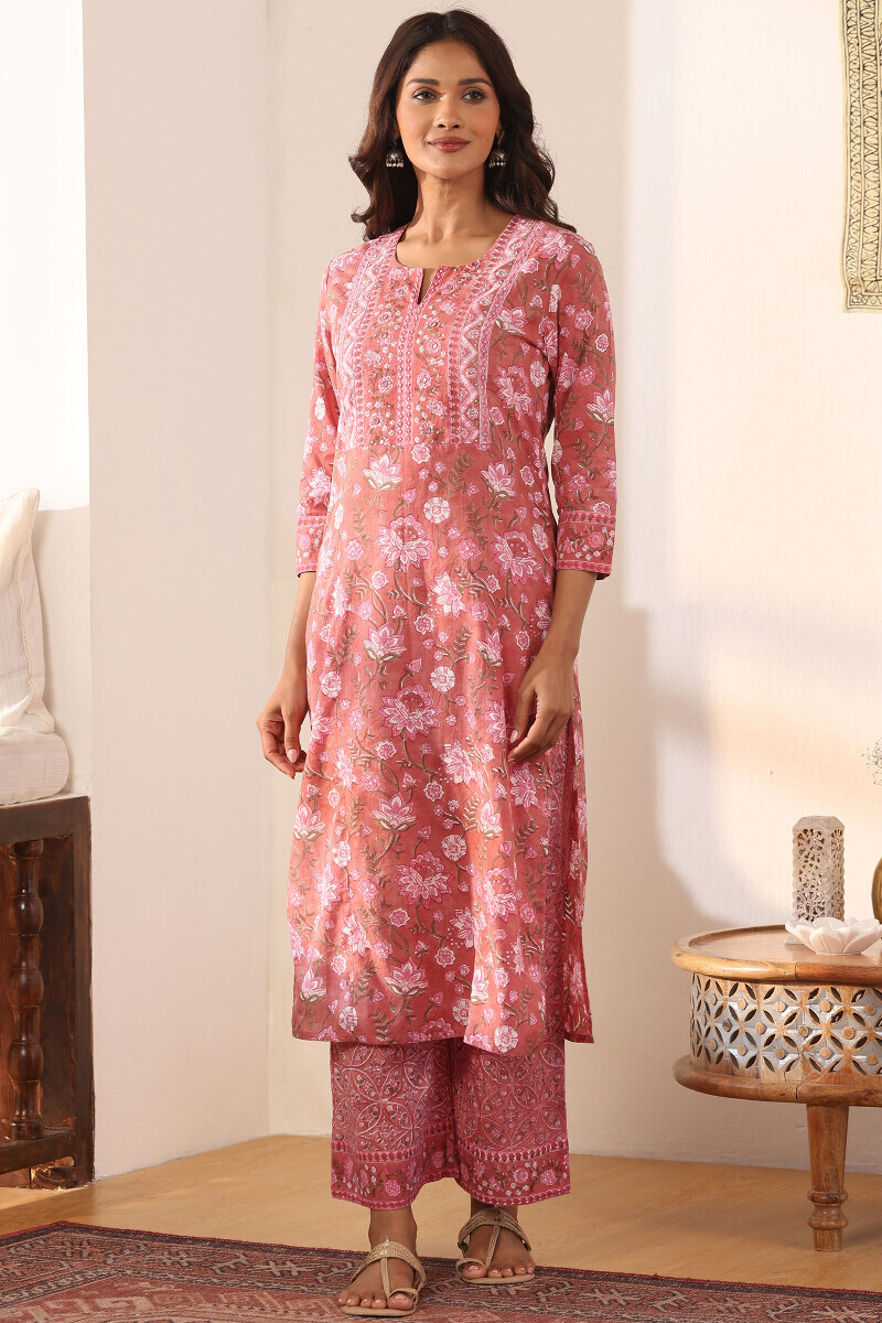 Pink Hand Block Printed Straight Cotton Kurta