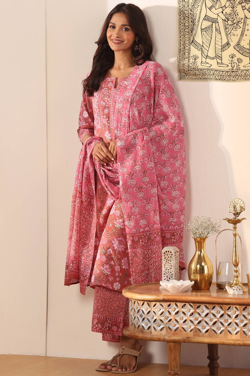 Pink Hand Block Printed Straight Cotton Kurta