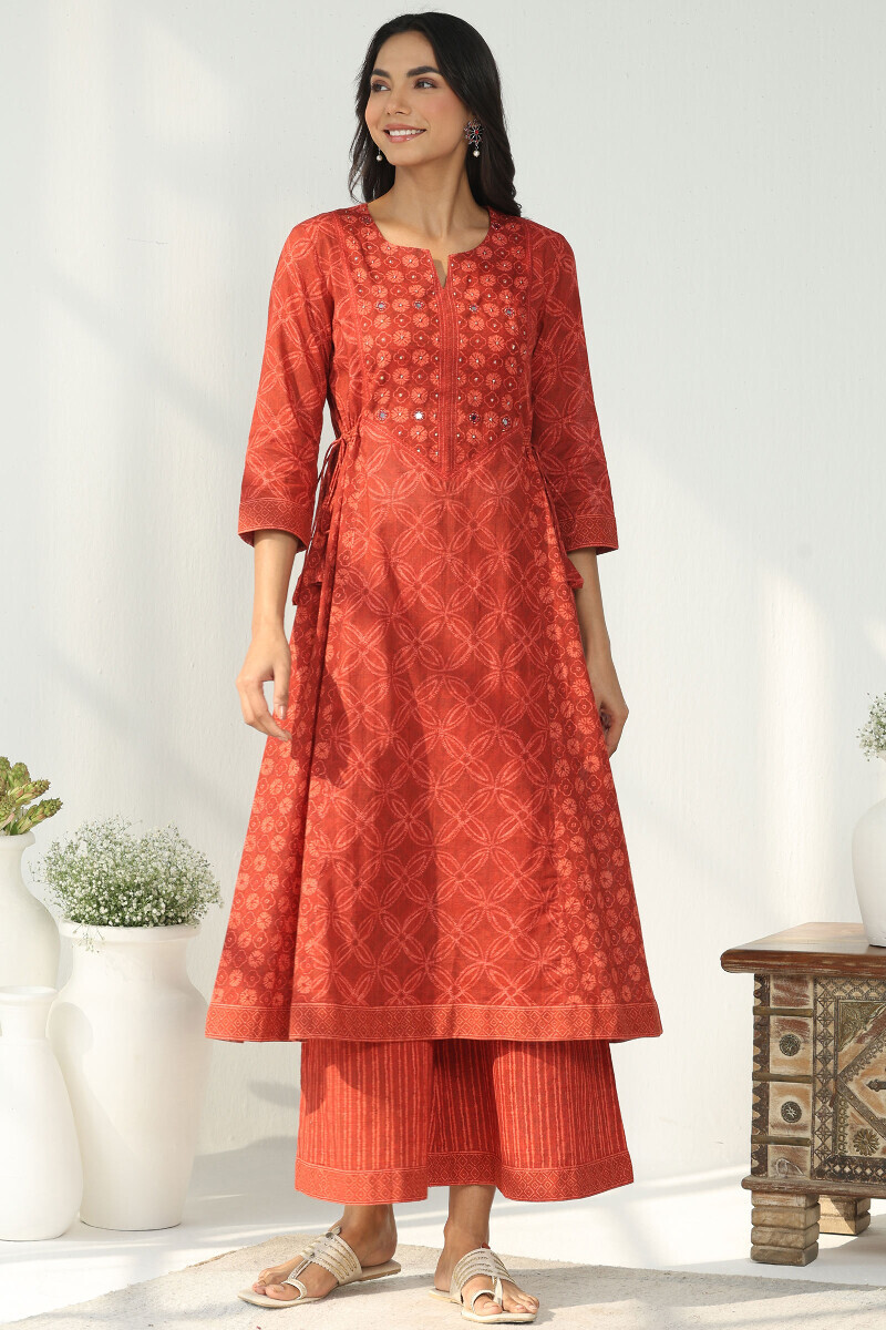 Red Printed A-Line Cotton Slub Kurta