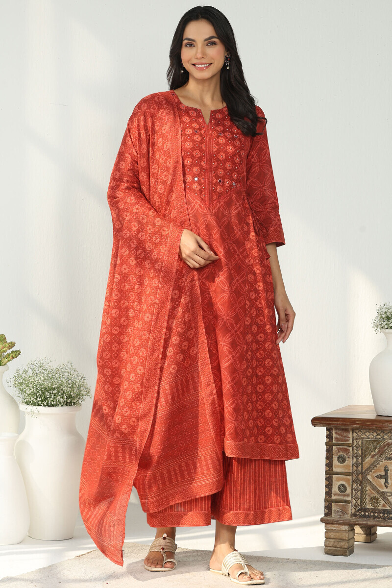 Red Printed A-Line Cotton Slub Kurta