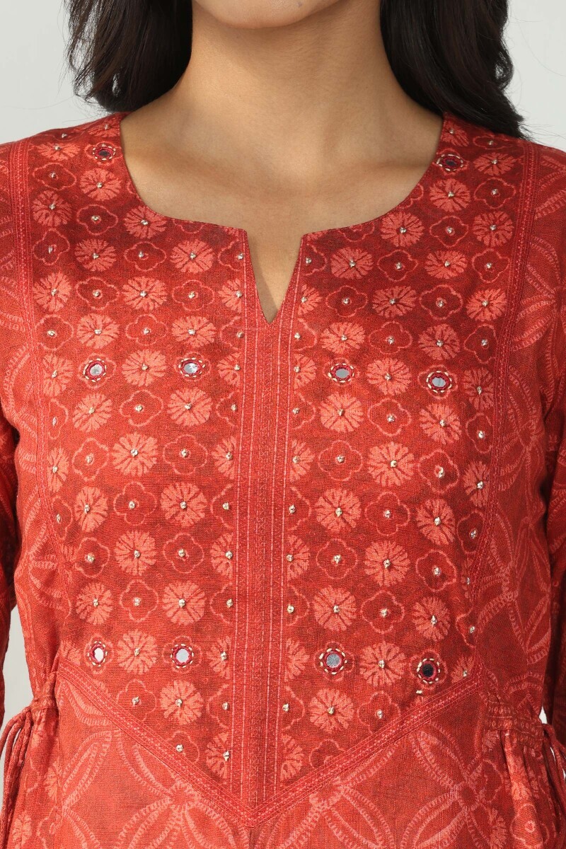 Red Printed A-Line Cotton Slub Kurta