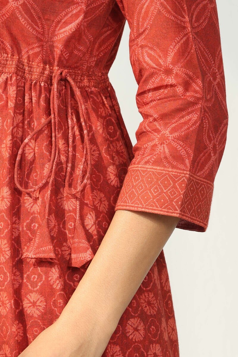 Red Printed A-Line Cotton Slub Kurta