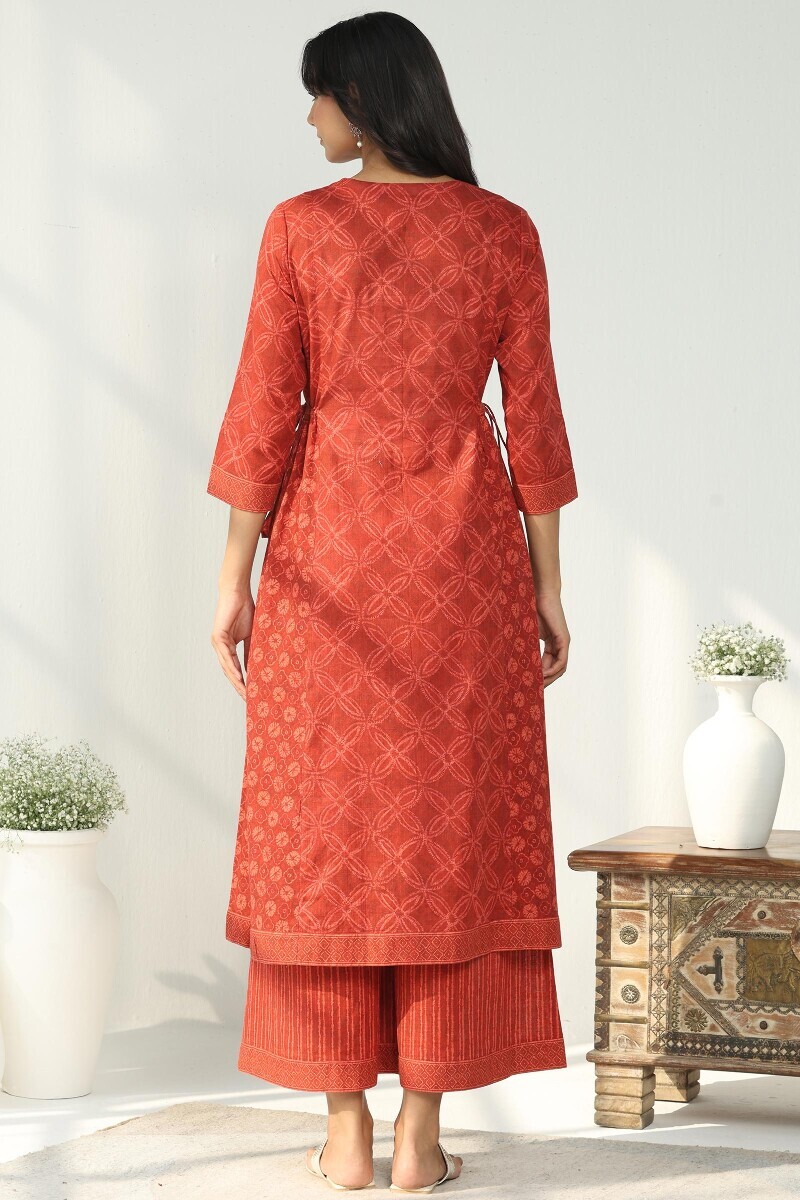 Red Printed A-Line Cotton Slub Kurta