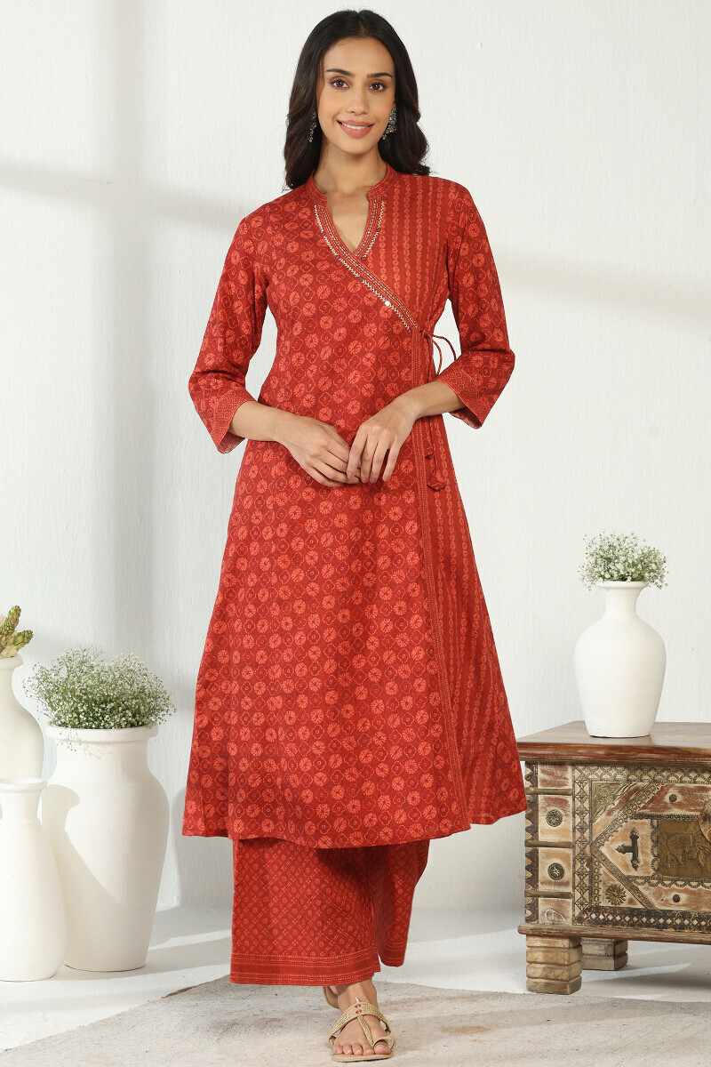 Red Printed Cotton Slub Angrakha Kurta