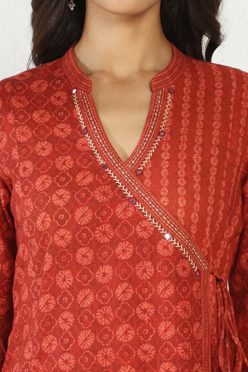 Red Printed Cotton Slub Angrakha Kurta