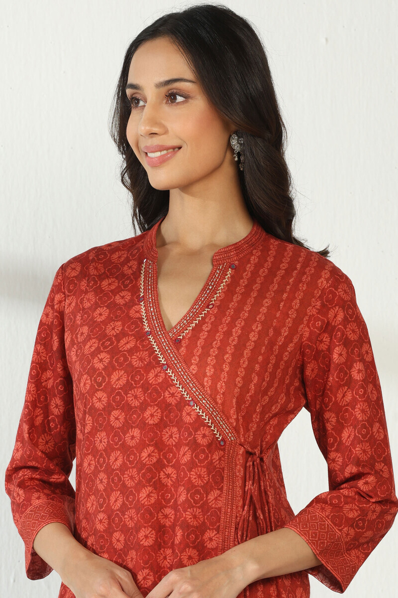 Red Printed Cotton Slub Angrakha Kurta