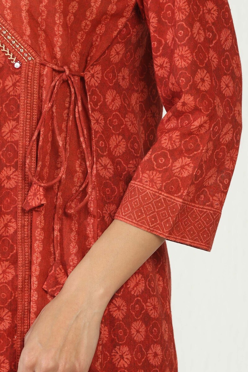 Red Printed Cotton Slub Angrakha Kurta