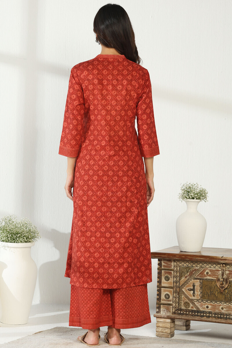 Red Printed Cotton Slub Angrakha Kurta