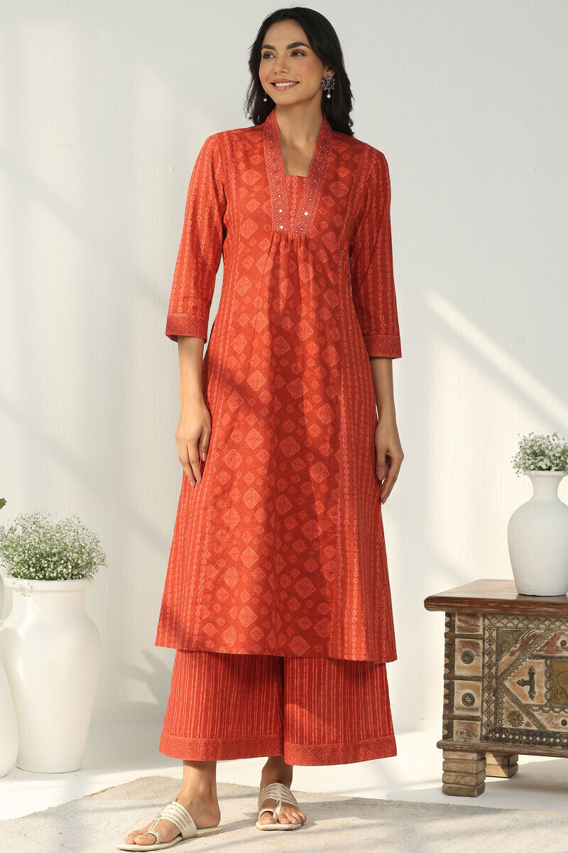 Red Printed A-Line Cotton Slub Kurta