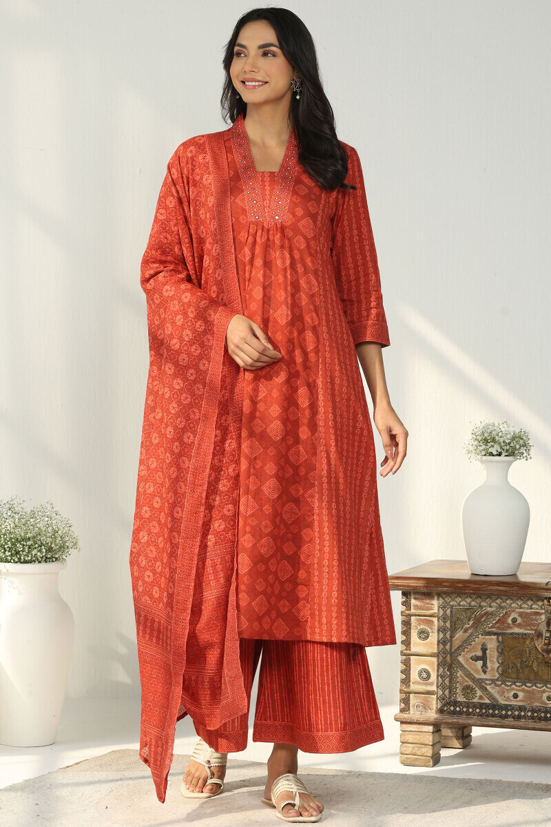 Red Printed A-Line Cotton Slub Kurta