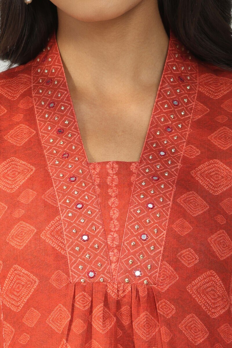 Red Printed A-Line Cotton Slub Kurta