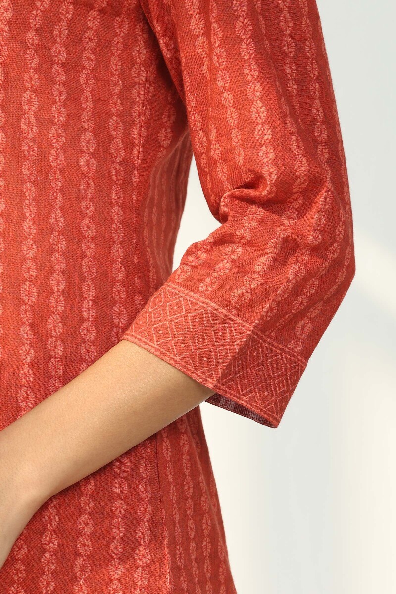 Red Printed A-Line Cotton Slub Kurta