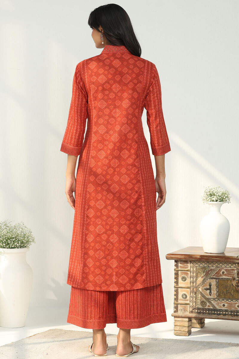 Red Printed A-Line Cotton Slub Kurta