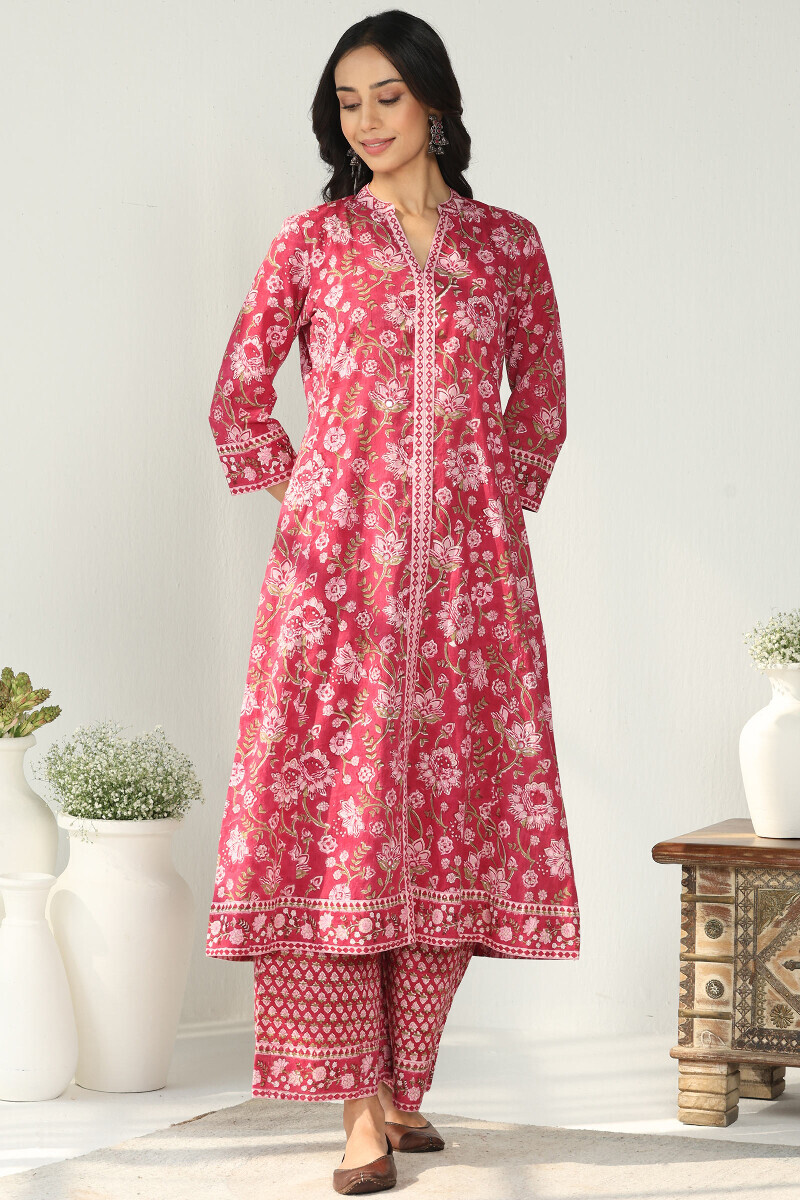Pink Hand Block Printed A-Line Cotton Kurta