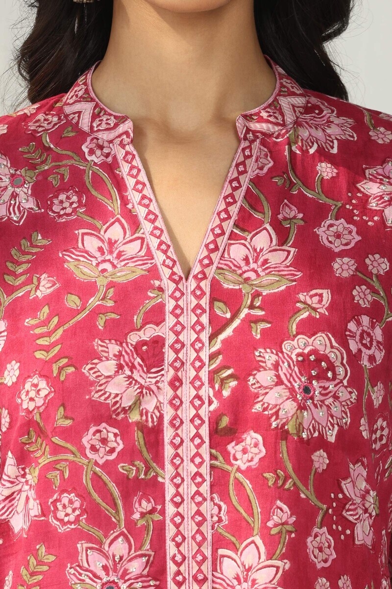 Pink Hand Block Printed A-Line Cotton Kurta