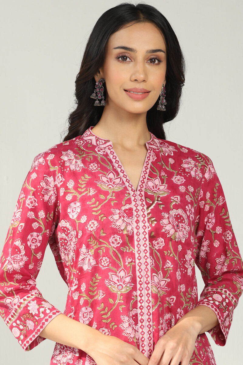 Pink Hand Block Printed A-Line Cotton Kurta